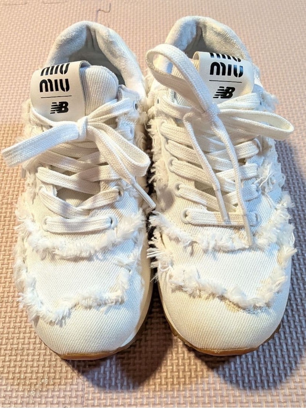 Authentic Miu Miu White Frayed Canvas Kids Sneakers